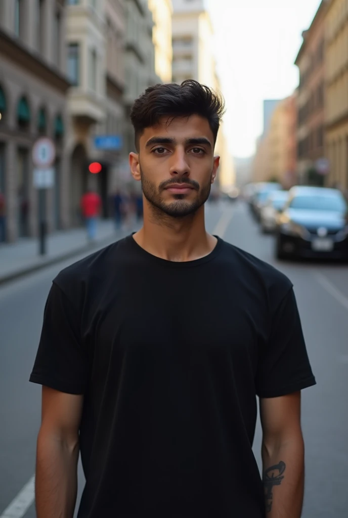 there is a man standing on the street with a black shirt, portait photo profile picture, taken with sony alpha 9, with accurate face, riyahd cassiem, front profile!!!!, photo taken with canon 5d, around 1 , taken with canon 8 0 d, portait image,  profile p...