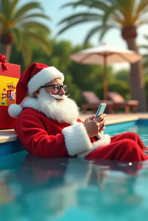  Santa Claus with the phone in his hand ,glasses on face ,in the pool,the second hand on the gift , on the back with a palm tree in the background and the Spanish flag