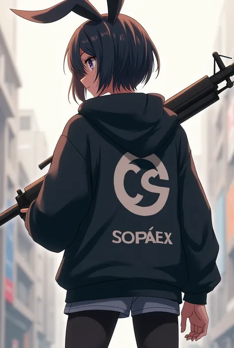  logo on the back, the anime girl is standing with her back, hood, rabbit ears,  is armed with a firearm,  lots , on the back (sweatshirt) the logo with the name CS  (capital letters)