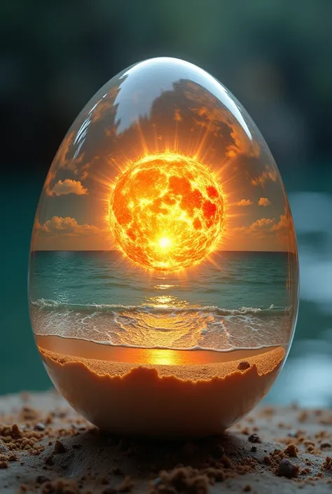 Gorgeous implosion sun inside a transparent hens egg with sand and clear Mediterranean sea inside 