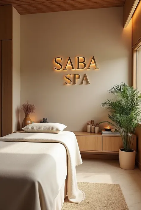 write SABA SPA on wall for my spa center with spa bed