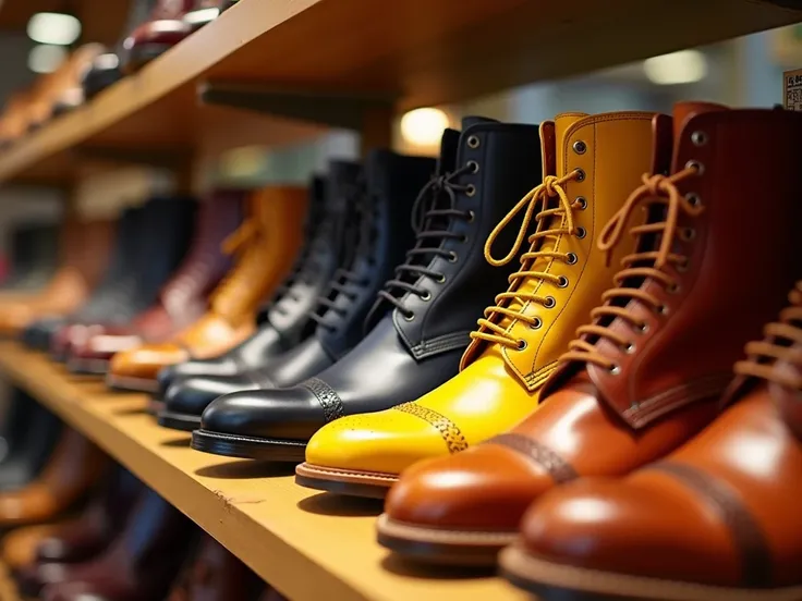 Colorful leather shoes, wooden shelves, shoe store display, vibrant yellow boots, navy blue oxfords, burgundy brogues, tan dress shoes, close-up photography, selective focus, rich colors, fashionable footwear, retail environment, high-quality craftsmanship...