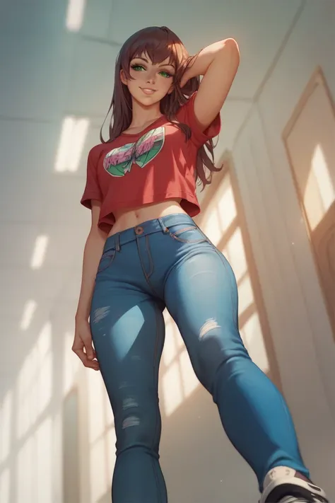 Anime old teen, solo, female, brunette, bangs,  beautiful, light skin, green eyes, pink lips, below average height, small breast, red t-shirt, jean jacket, blue jeans, black sneakers, small smile, highschool hallway background, 