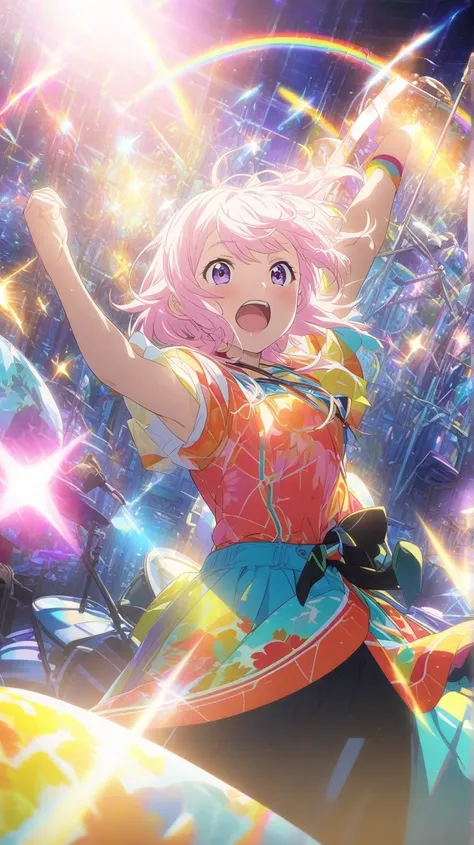 A vibrant, anime-style key visual of a three-piece band performing live on stage, capturing the nostalgic and energetic atmosphere of middle school youth. The scene is illuminated by colorful stage lights, with the drummer energetically playing in the back...