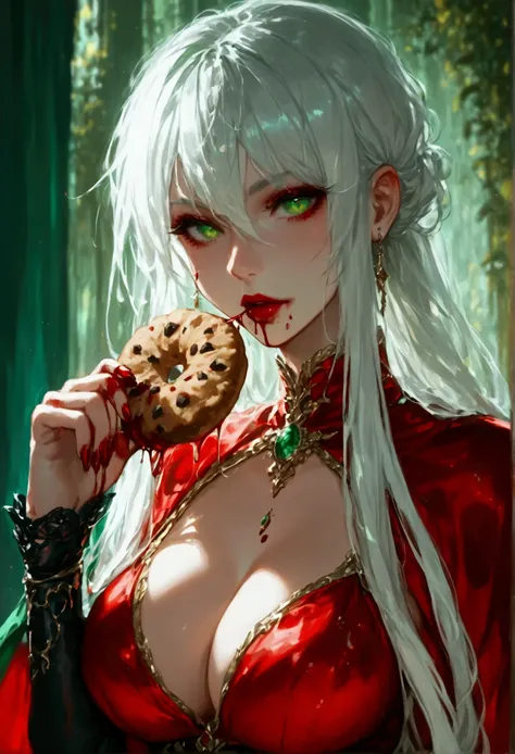 score_9, score_8_up, score_7_up, score_6_up, score_5_up, score_4_up, Arafed, a portrait of an vampire woman eating a (bloody cookie: 1.1), drpping blood, exotic beauty, long hair, white hair, (emerald green eyes), dark red lips, glamour shot, she wears an ...