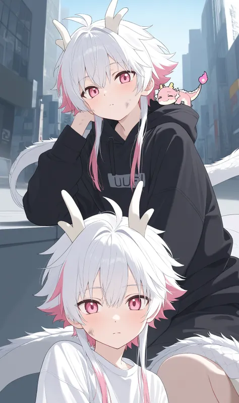 1boy,Pink Eyes,dragon horns on side of head,white hair,white ends of hair,muliticolored hair,looking at viewer,cute boy,white shirt,city,Anime, Anime Style,13year old boy,dirty clothes,dragon tail,dragon scales on shoulder,oversized black hoodie, multiple ...