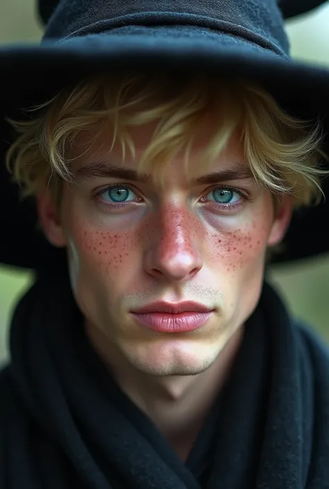 Handsome man with light blond hair and blue eyes, freckles on his skin, wearing a black wizards hat, his features are close