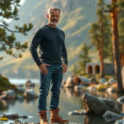 Male model, full body, Danish descent, with light blonde or gray-streaked hair, a neatly groomed beard, approximately 50 years old, with a sturdy build, wearing a brand new, dark black fitted T-shirt, paired with dark blue jeans and sturdy brown boots, sta...