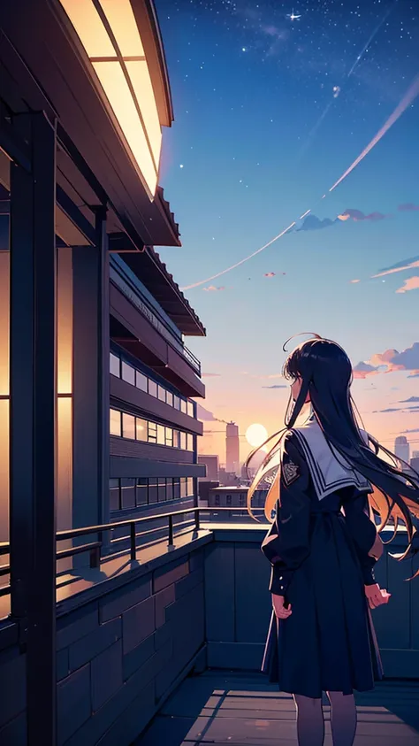 “A high school rooftop under the pale moonlight. Two students stand near the edge, talking quietly, their breath visible in the cool night air. One student leans against the railing, looking out over the quiet city below, while the other faces them, arms c...