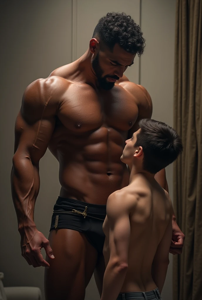 A shirtless nude  mascular brown man with big cock dominating a twink white boy