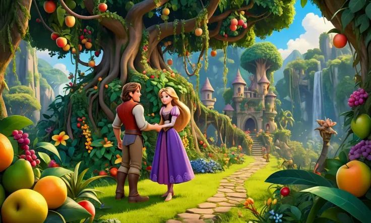 Rapunzel with  short hairs  and Eugene in the jungle full of fruits,trees and flowers,use bright colors, picture in 3D cartoon 