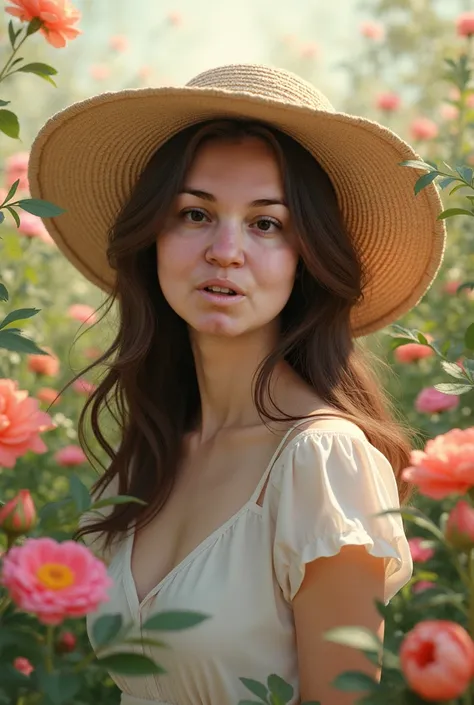 can you add pretty flowers, remove her hat and make a pretty background 