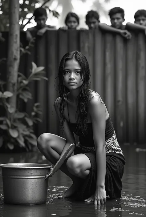  Photo of a 25-year-old Indonesian woman , long wet hair,  body in wet sarong cloth black and white color barefoot box motif , the woman is squatting on the ground , shower,  looks like a large bucket of water and a shovel in front of her ,  background of ...