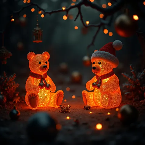 masterpiece, pitch-dark room ,,Focus on ornaments, orange bear ornaments, ornaments give off light ,little Santa Claus hat,Highlight light and dark , contrast , high image quality