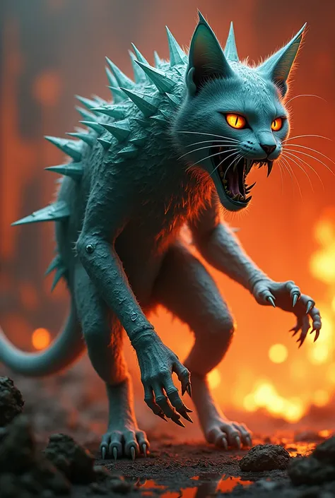 A monstrous hybrid entity combining the features of a cat and a jagged glass piece, seamlessly fused to create a fearsome appearance. The creature has the lithe body of a feline, but its fur is made of razor-sharp glass shards, reflecting an eerie light. I...