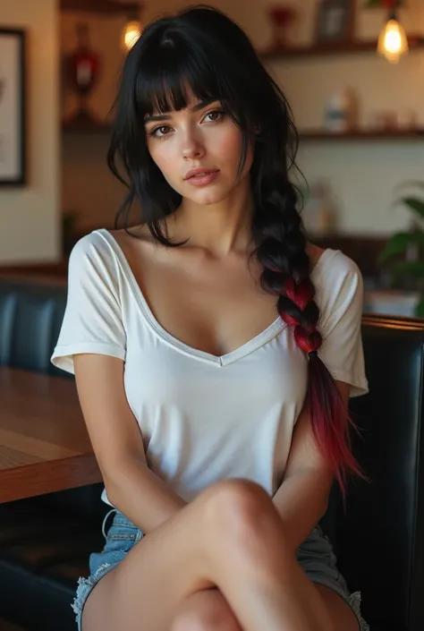 photorealism, beautiful young Polish woman sitting femininely in cozy cafe, perfect face, thick eyeliner, straight black hair with bangs and red highlights, hair in one braid over shoulder, black eyes, large bust, flirty expression, large bust, wearing whi...