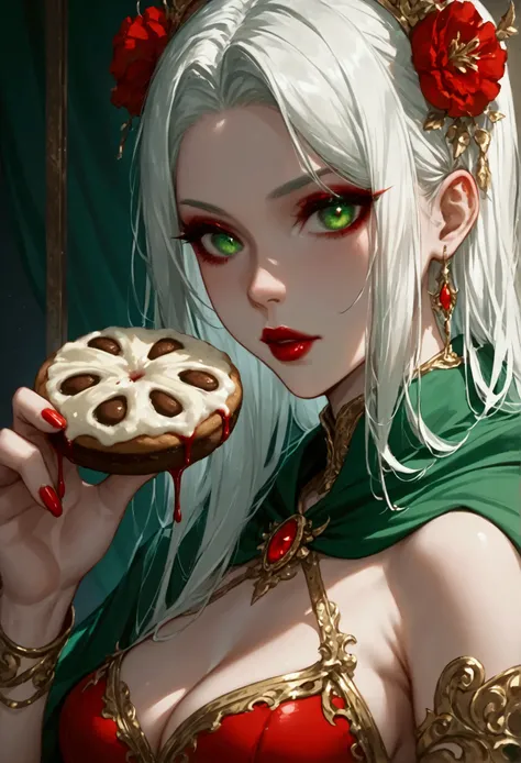 score_9, score_8_up, score_7_up, score_6_up, score_5_up, score_4_up, Arafed, a portrait of an vampire woman eating a (bloody cookie: 1.1), drpping blood, exotic beauty, long hair, white hair, (emerald green eyes), dark red lips, glamour shot, she wears an ...