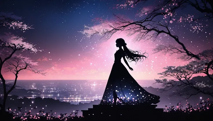 black human silhouette、This image is、 creates a stunning and enchanting contrast with the dark silhouette {x} depicts a black silhouette of a girl standing against a beautiful blue sky and pink clouds。 The girl rises from near the horizon to deep white .. ...