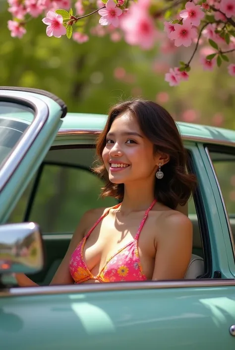 A pretty American girl in a bikini in a car in spring 