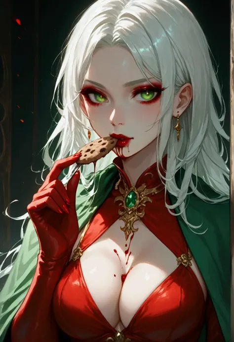 score_9, score_8_up, score_7_up, score_6_up, score_5_up, score_4_up, Arafed, a portrait of an vampire woman eating a (bloody cookie: 1.1), drpping blood, exotic beauty, long hair, white hair, (emerald green eyes), dark red lips, glamour shot, she wears an ...