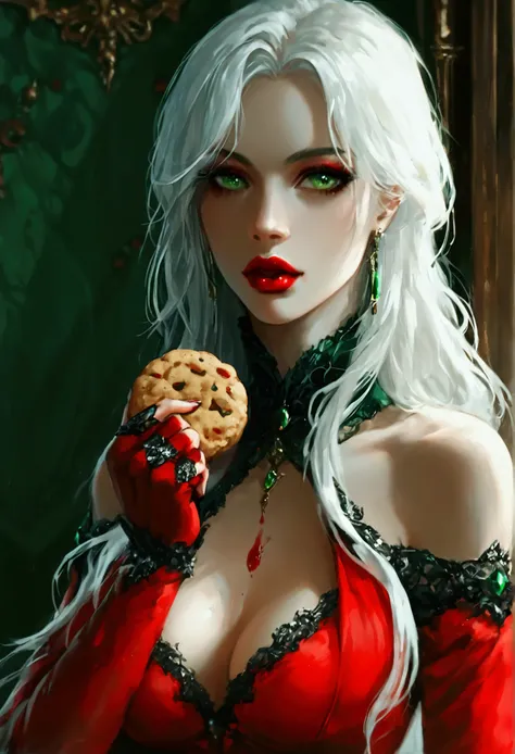 score_9, score_8_up, score_7_up, score_6_up, score_5_up, score_4_up, Arafed, a portrait of an vampire woman eating a (bloody cookie: 1.1), drpping blood, exotic beauty, long hair, white hair, (emerald green eyes), dark red lips, glamour shot, she wears an ...