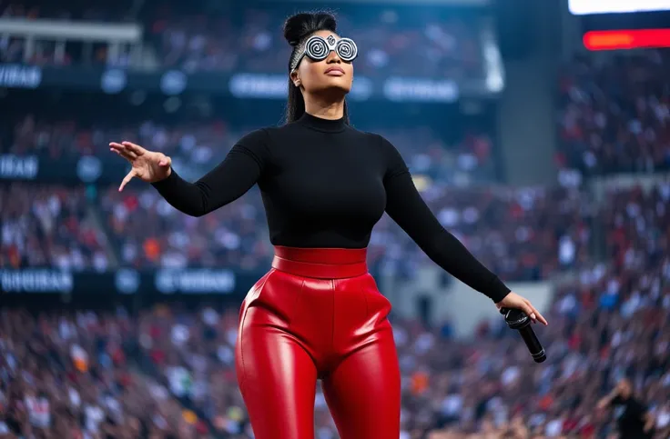 (((Nicki Minaj, wearing futuristic hypnotic glasses that have spirals over their lens, little lens, black and white spiral over glasses lens, eyes not visible cause of spirals and glasses, shes on stage during one of her concerts, full body picture, black ...