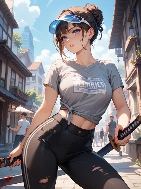  1 girl fights. 19 years old.  visor attractive body.  brown short hair, стиль hair bun.  Beautiful penetrating purple eyes . She has a katana in her hand .  She is wearing a Gray T-shirt with blood spots and black pants with blood stains. 