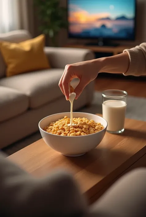 Arm putting milk in a bowl of cereal in the sofa watching TV