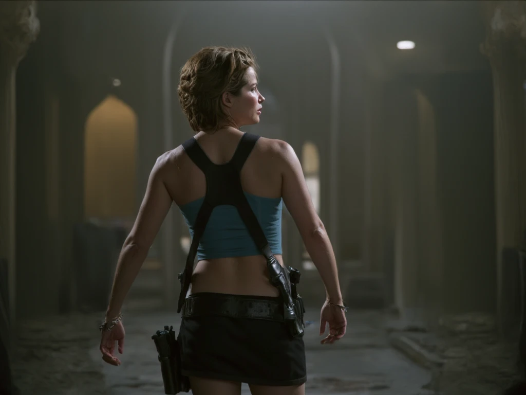 Sienna Guillory, Sienna Guillory as Jill Valentine on movie Resident Evil Apocalypse, "focus Back view", "Back View", short skirt, blue top, black hair