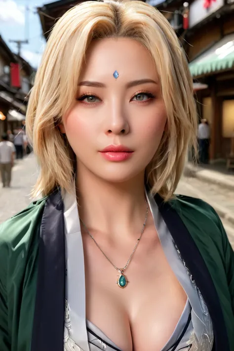 Tsunade, ((Big Breasts)),  clevis on a stone, clavicle,((Tsun Costume)), (Suntan jacket), (Tsun Necklace),  mature woman,  attractive expression,  staring at the viewer, Konoha no Sato ,  outdoors on the street at night, Daytime, ( cowboy shot), ( extremel...