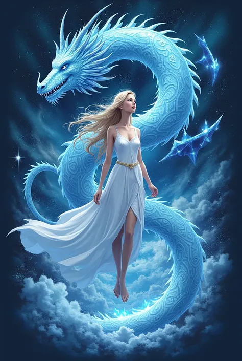 aquarius mythology with ice dragon at her back for tshirt design