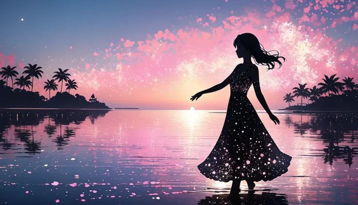 black human silhouette、This image is、It depicts a black silhouette of a girl standing against a beautiful light blue sky and pink clouds。 The girl rises from near the horizon to deep white ..  and the sky changes from deep black to deep white as it rises 、...