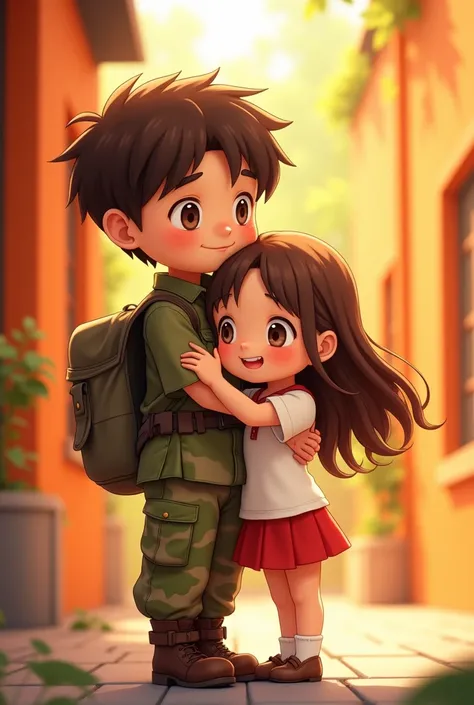  Boy in camouflage uniform and short brown hair holding a girl with long brown hair, white short sleeve top , red skirt , Sweet face under an orange building 
Cartoon photo 