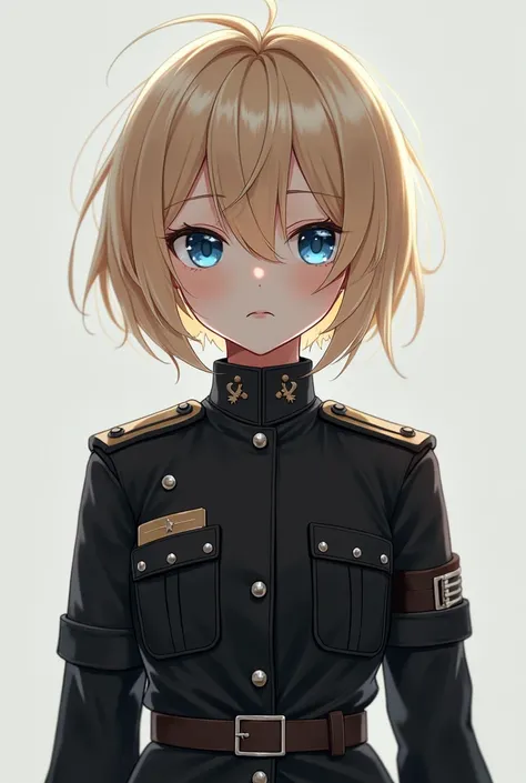 Create a Loli ,  in black military clothing,  with blue eyes ,  and short blonde hair 