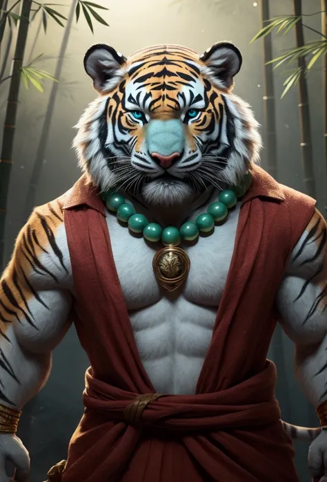 （morning），  1 boy，In the jungle of the bamboo forest ，A snow-white one-handed sword ，Attack Stance，肌肉男， no beard，middle aged，shirtless， wearing an ordinary piece of clothing worn by ancient people，Wearing a tiger-shaped cyan jade pendant，There is also a st...