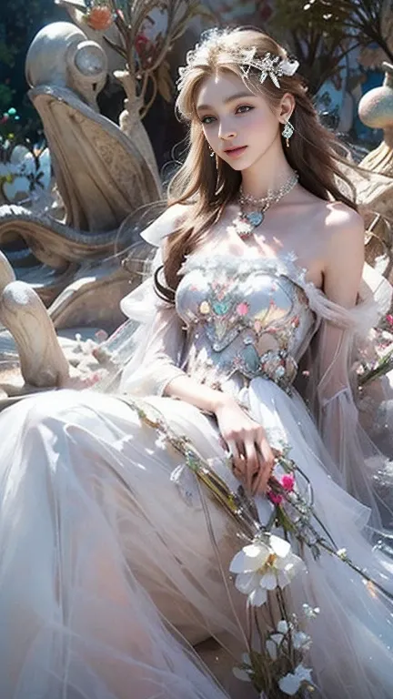 8K, ultra hd, masterpiece, 1 girl, (good face:1.4), detailed eyes, very long hair, impressive hairstyle, earings, necklace, small breasts, (white dress:1.5), (fantasy dress:1.5) Light-colored foundation brings out the transparency of the skin, (in the wond...