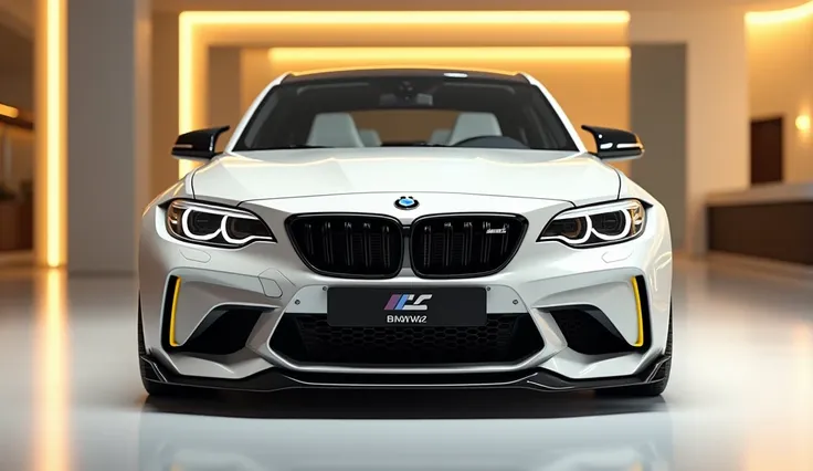 create an ultra-detailed 3D render straight front view , of a modern 2025 BMW M2 CS with a bold design captured from straight front view. The car should feature a Gleamy  white  color with a brand    logo on its front, a large white detailed grille like lo...