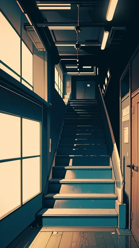 “A narrow and dimly lit emergency staircase in a high school building at night. The metal steps are slightly rusted, and the air feels damp and cold. A faint lightbulb swings gently from the ceiling, casting moving shadows on the concrete walls. Below, the...