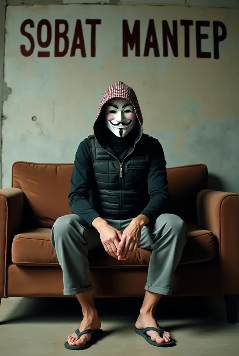 Anonymous masked man,Wearing a kefiyeh hood with a very small checkered pattern with a combination of red and white,Black long sleeve casual shirt, bulletproof vest,Gray 3/4 length pants, flip flops, sitting pose on an old brown sofa,Male sitting pose,The ...