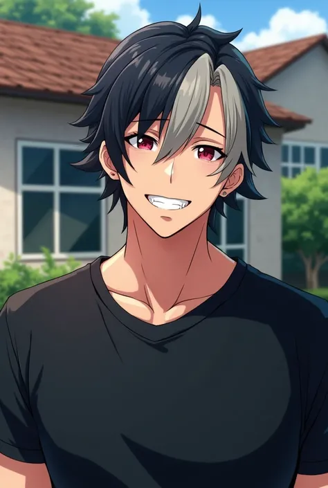 An anime man, two-tone hair, handsome, black T-shirt, smiling, fangs, strong, and the background is the front of the house. The big guy looks like a guy.