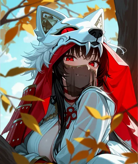 (masterpiece, best quality),  intricate details,, 1girl, Cat helmet, Red eyes, Japanese armor, Wolf tail, fang, smirk, look at viewer, Veil covering hair, sitting on tree Large breasts, Mouth Veil, Hair hidden by veil, no hair seen