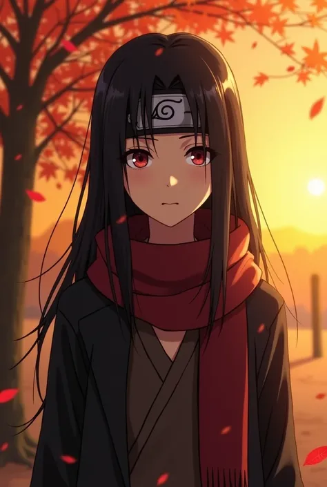 . the hair:  long, black, and soft, with warm lighting hanging around the face .


2. The eyes: . They are calm and expressive with a slight effect of sharingan  ( but not very prominent ).


3. Features : , with a small and friendly smile, and elegant sig...