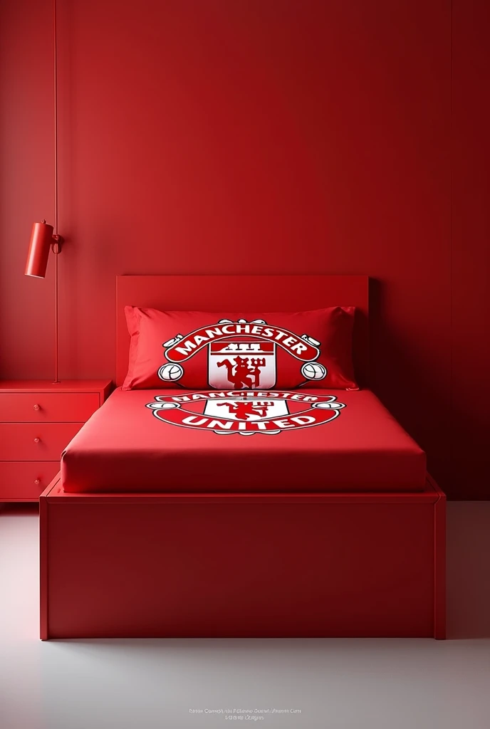 A 1 meter bed made of red colored MDF wood  and a man united in the middle of the top of the bed