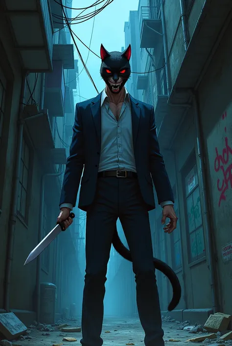 Anime man hot teacher killer  with cat mask and tail with mid sized knife in an alleyway posing looking very scary like almost ready to kill 