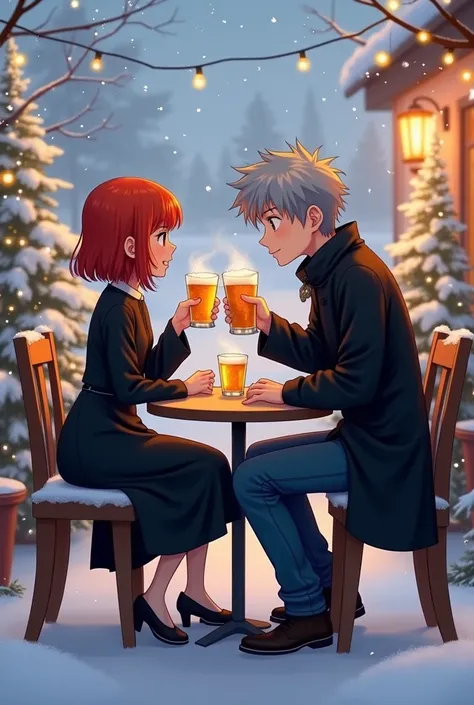 A short red-haired girl in a black dress .  A tall boy with gray hair and wearing a black coat and jeans.  They are both having a beer on a terrace . It&#39;s snowing. Its Christmas  