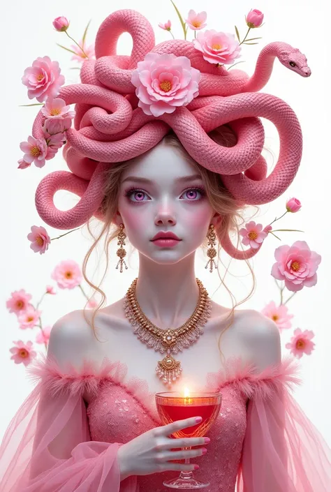 The beautiful girls head was made of pink snakes and flowers The girl was wearing a royal elegant dress decorated with snake-shaped jewelry..The girl was holding a crystal goblet of red Juice in her hand.The girl was surrounded by a white background and fl...