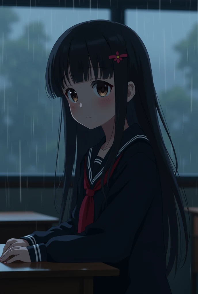  teen Anime girl long black fluffy hair with hair clip with hazel eyes, Innocent appearance, wearing a black Japanese school uniform on the classroom while its dark afternoon and it was raining outside with a slight frown expression with a dark atmosphere ...