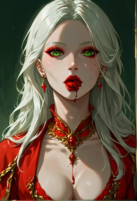 score_9, score_8_up, score_7_up, score_6_up, score_5_up, score_4_up, Arafed, a portrait of an vampire woman eating a (bloody cookie: 1.1), drpping blood, exotic beauty, long hair, white hair, (emerald green eyes), dark red lips, glamour shot, she wears an ...