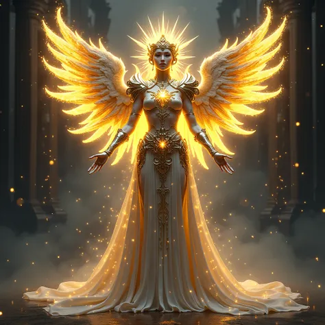  GENERATE A BEING WITH A majestic and ornate appearance than Star Platinum,  with gold and silver elements that symbolize your state  "requiem".  You could have a luminous aura or star patterns on your body .  You could add wings of energy , a heavenly cro...