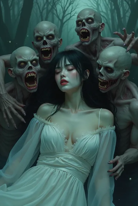 Draw me a beautiful Japanese woman lost in a stupor position falling asleep being eaten by ole zombies with creepy teeth